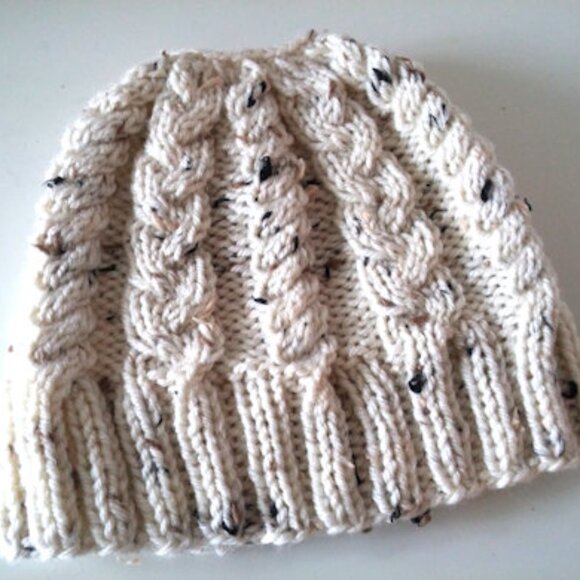 Cream Brown Aran Tweed Handknitted Messy Bun Hat Beanie Viscose - Picture 2 of 2